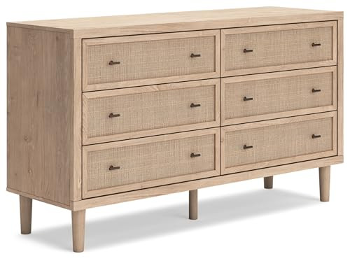 Signature Design by Ashley Cielden Coastal 6-Drawer Dresser, Bronze-Tone Knobs, Safety Stop, Textured Cane Details, 62.01" W x 19.65" D x 35.67" H, Light Brown | Amazon (US)