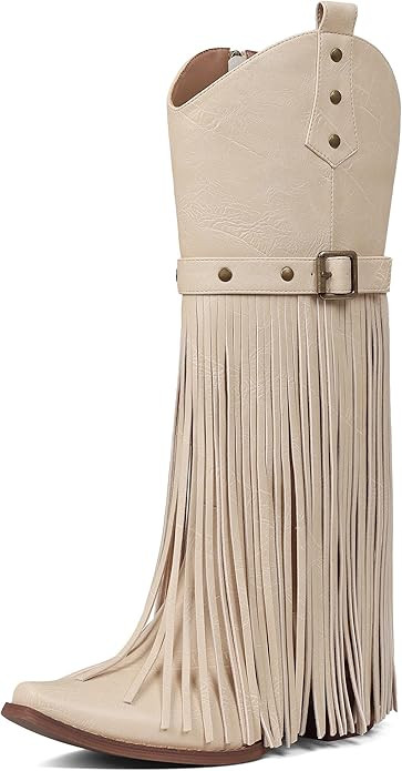 Cowgirl Boots for Women Retro Pointed Toe Pull On Block Chunky Heel Embroide Tassel Country Conce... | Amazon (US)