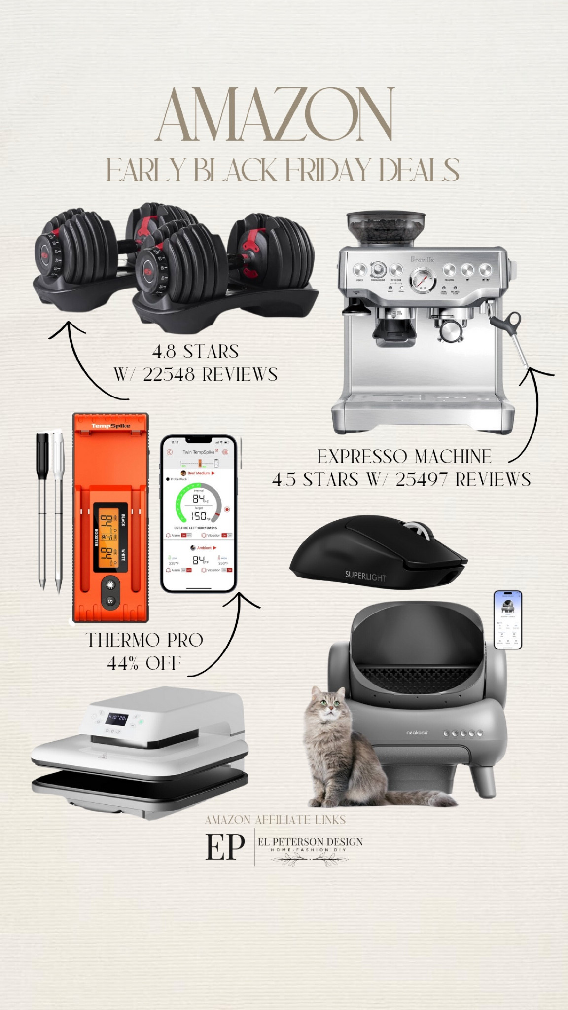 Deal alert
Expresso machine
Thermometer 
Mouse
Cat liter box
Bowflex dumbbell 
Heat press machine 

#LTKHome #LTKSaleAlert