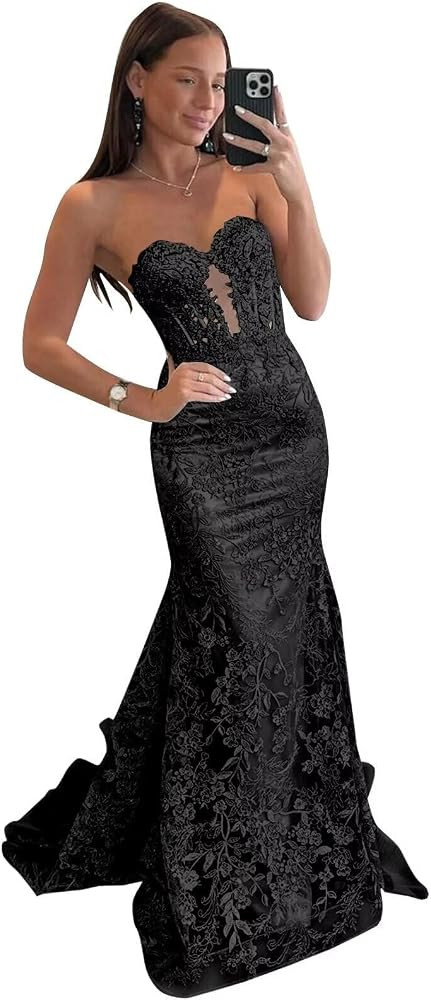 Strapless Lace Applique Mermaid Prom Dresses for Women Tulle Corset Formal Evening Gown MED081 | Amazon (US)