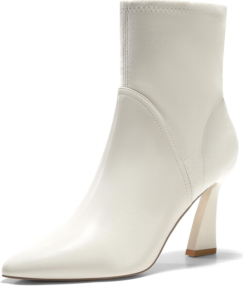 Coutgo Women's Pointed Toe High Heel Ankle Boots Patent Faux Leather Suede Splicing Slip On Fashi... | Amazon (US)