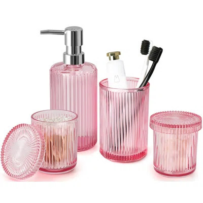 Pink Bathroom Accessories Set, 4 Pcs Glass Bathroom Accessory Set, Pink Soap Dispenser And Toothbrush Holder Set, Cotton Swab Holder Set, Vintage Bath | Wayfair North America