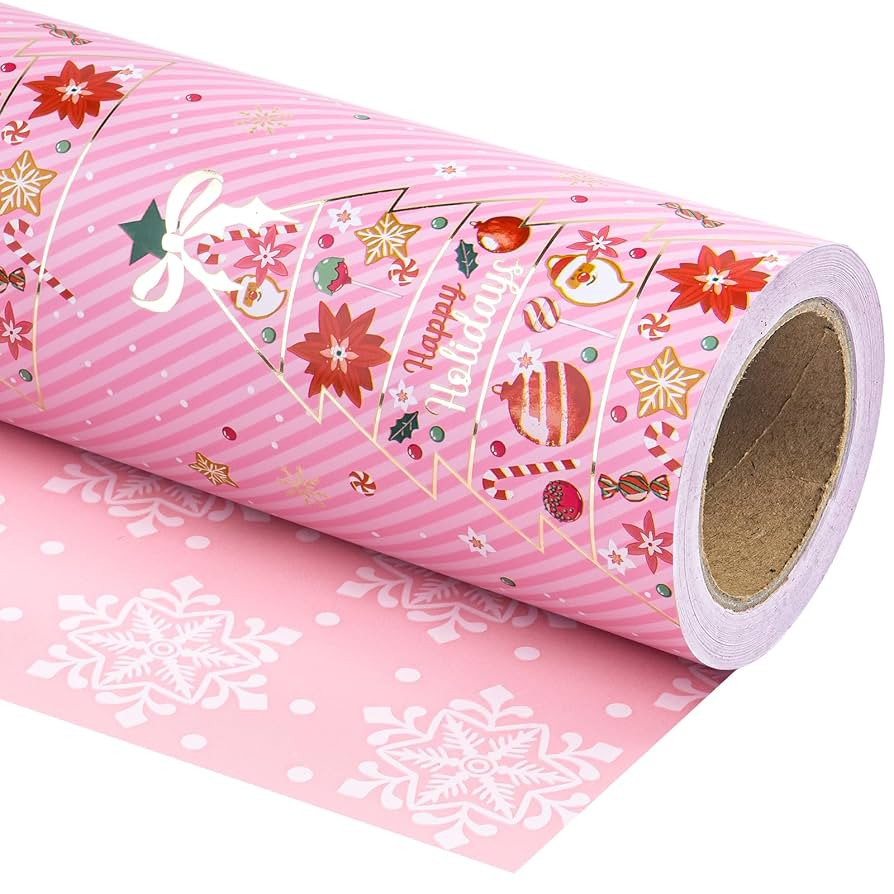 WRAPAHOLIC Reversible Pink Christmas Wrapping Paper - Mini Roll - 17 Inch x 33 Feet - Pink Christ... | Amazon (US)