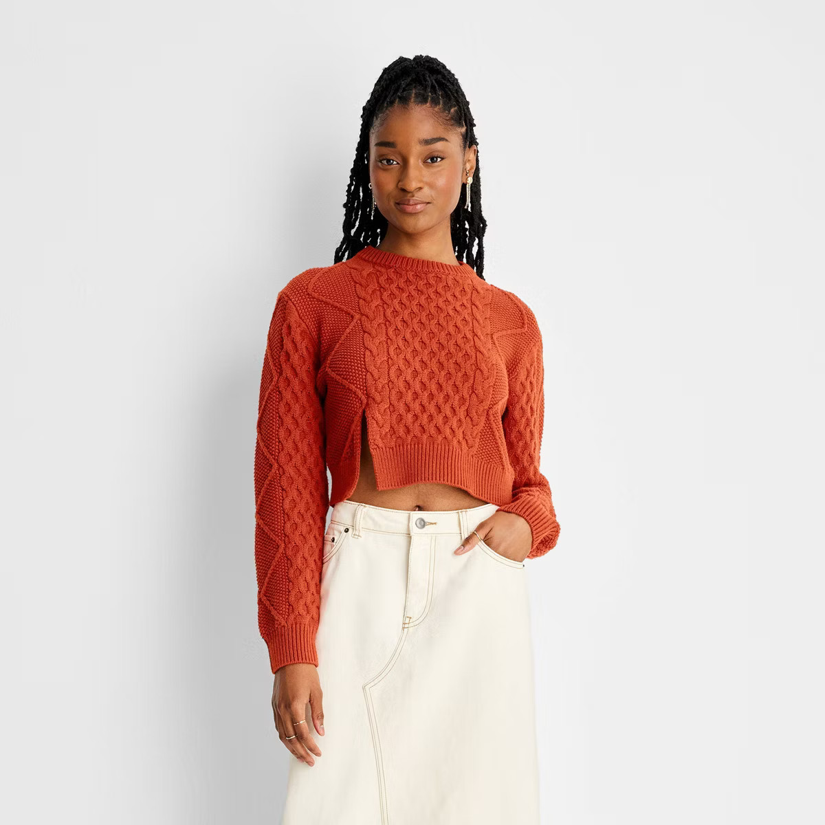 Women's Cropped Cable Knit Crewneck Sweater - Future Collective™ with Reese Blutstein | Target