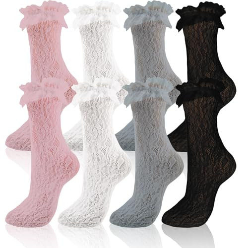 QHANSHIEE 4 Pairs Lace Ruffle Frilly Ankle Socks Women Mesh Lace Trim Lolita Socks Cute Dress Sock for Girls Ladies Princess Accessories,Ankle High Sock for Women | Amazon (US)
