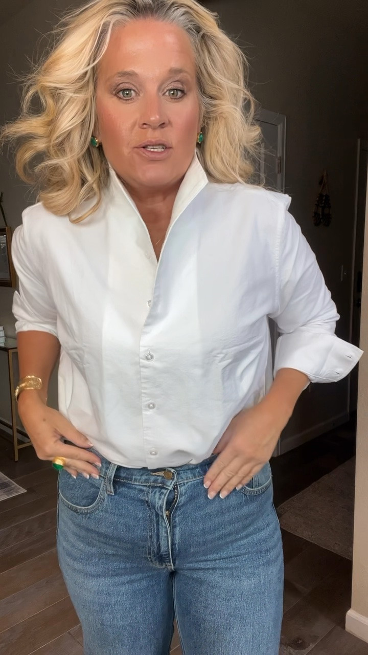 ✨Tap the bell, save and ❤️ start here over 40 fashion, midlife style, midsize fashion and luxury looks for less.  

⬇️Sizing information:
Blouse medium (size down if in between sizes.)
Jeans 12 tts (size up if in between sizes.)

A white shirt… but better. 🤍

The stand collar gives you that little bit of lift around the face that makes the whole outfit feel more polished, while the 100% organic cotton keeps it soft, breathable and actually wearable.

This is exactly what I mean by Outfit Physics™: you don’t always need more clothes. Sometimes you just need the right structure.

Wear it buttoned with trousers, slightly untucked with jeans, or open as a lightweight layer.

Same body. Different physics.™

👑 Helping you look good, feel good.-Lindsey Denver   Check back daily for belly-friendly style, confidence, and Outfit Physics™.

#LTKOver40 #LTKMidsize #LTKSaleAlert