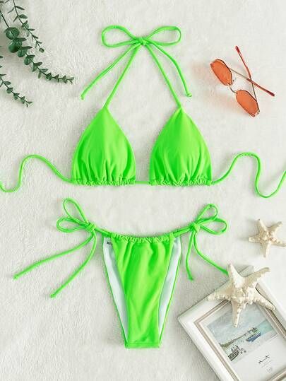 Neon Lime Triangle Tie Back Halter Bikini Swimsuit | SHEIN