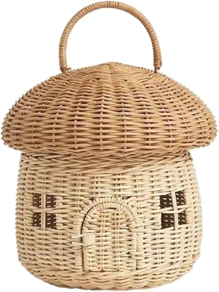 Rattan Storage Basket Mushroom Shaped Woven Basket with Lid, Decorative Woven Handle Basket Fruit... | Amazon (US)