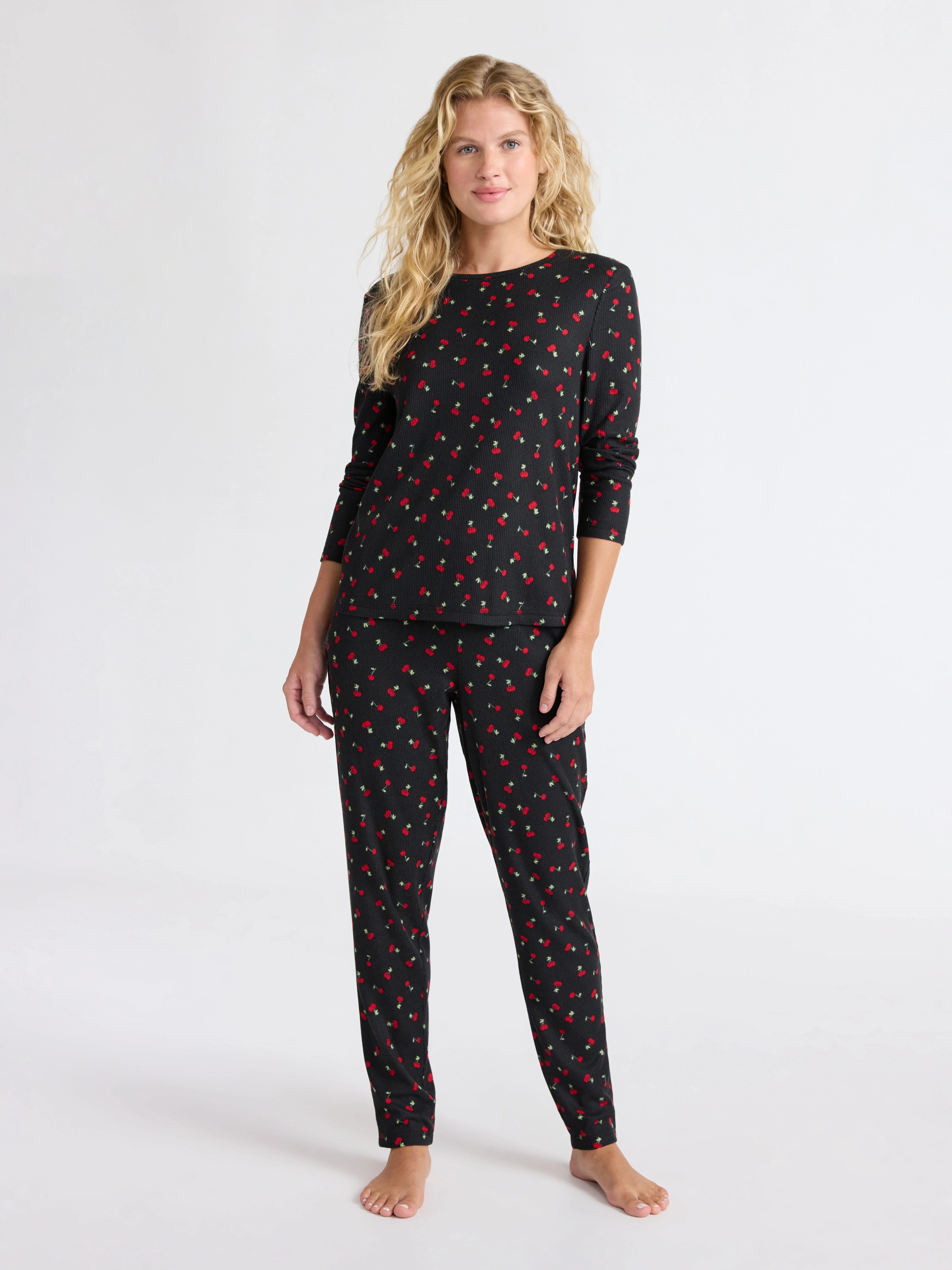 Joyspun Women's Waffle Knit Long Sleeve Top and Joggers Pajama Set, 2-Piece, Sizes S-3X | Walmart (US)