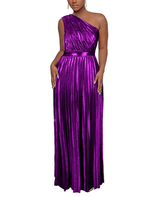 AOMEI Women's Luxury Metallic One Shoulder Sleeveless Elegant Pleated Long Dress | Amazon (US)