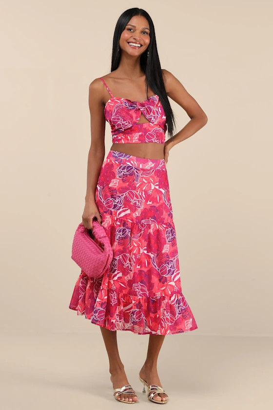 Floating Through Flowers Pink Floral Two-Piece Midi Dress | Lulus