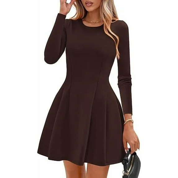 PRETTYGARDEN Long Sleeve Mini Dress for Women Fall Crewneck Knit Pleated Babydoll A Line Soft Cas... | Walmart (US)
