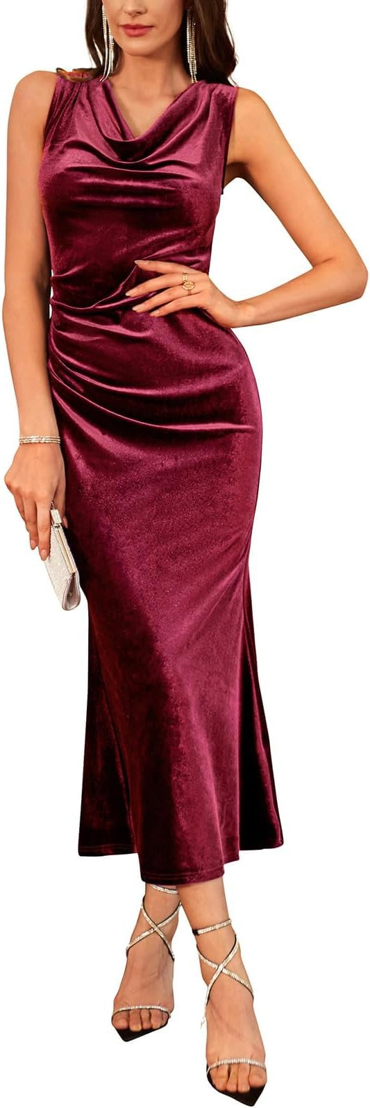 GRACE KARIN 2025 Velvet Wedding Guest Dresses for Women, Fall Formal Cocktail Maxi Dress, Cowl Ne... | Amazon (US)