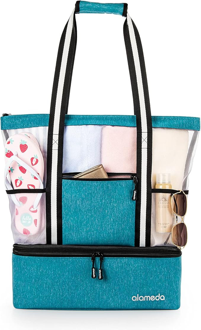 Alameda Mesh Tote Beach Bag - Cooler Bags Insulated for Travel, Zipper Top High Capacity Beach Po... | Amazon (US)