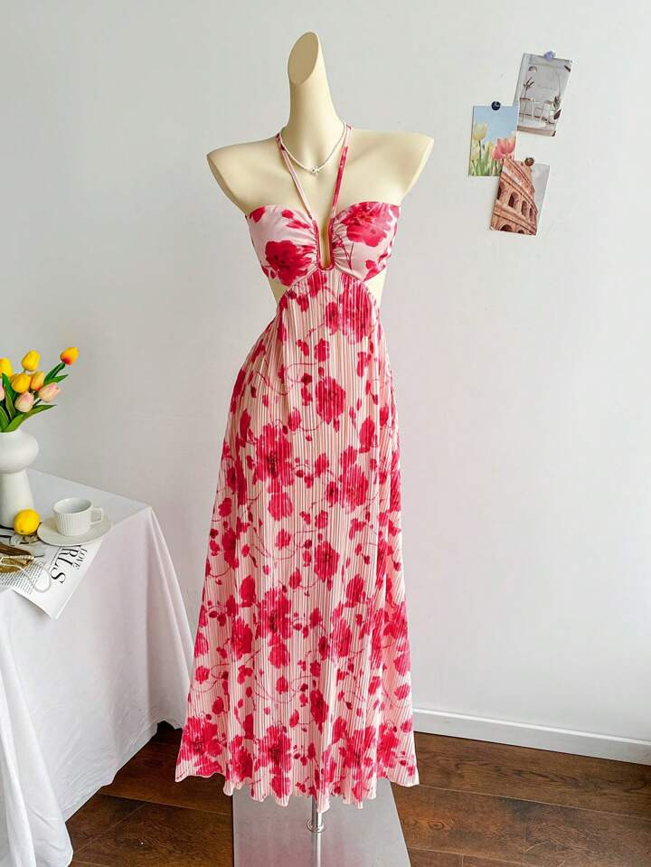 Soleia Women's Vacation Colorful Tie Dye Large Floral Pleated Cutout Tie Waist Dress | SHEIN