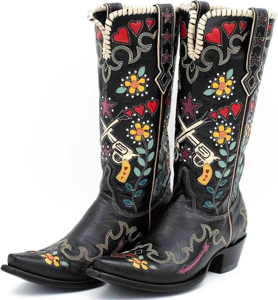 Women's Swallow Floral Embroidered Cowgirl Boots Chunky Low Heels Handmade Rivets Western Cowboy ... | Amazon (US)
