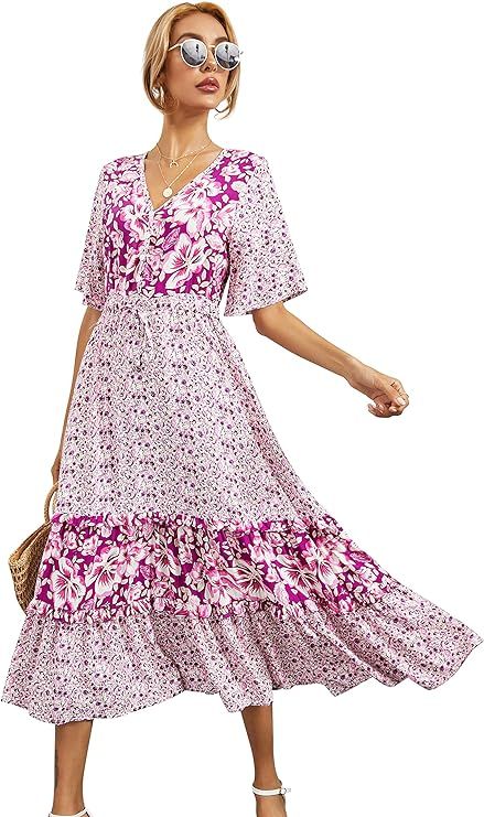 R.Vivimos Women's Short Sleeve V Neck Cotton Beach Floral Buttons Midi Dresses | Amazon (US)