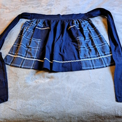 Vintage Handmade Half Apron 2 Pockets Plaid & Solid Navy with White Trim | eBay US