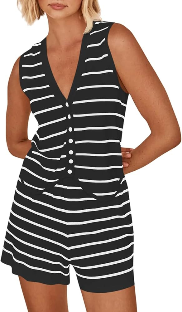 Imily Bela Womens 2 Piece Outfits Summer Striped Casual Lounge Sets Knit Sleeveless V Neck Tops S... | Amazon (US)