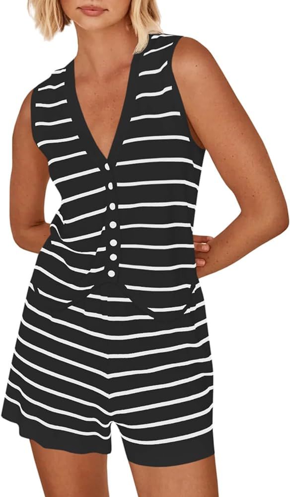 Imily Bela Womens 2 Piece Outfits Summer Striped Casual Lounge Sets Knit Sleeveless V Neck Tops S... | Amazon (US)