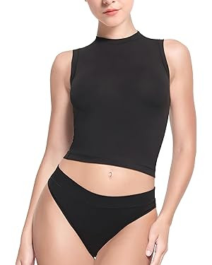 YIANNA Women's Sleeveless Crop Tops Cotton Slim Fit Basic Tee Mock Neck Tank Casual Going Out Top | Amazon (US)