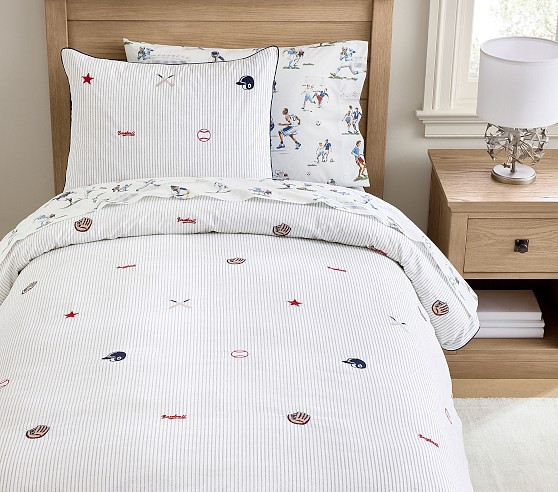 Embroidered Baseball Stripe Cotton Duvet Cover &amp; Shams | Pottery Barn Kids
