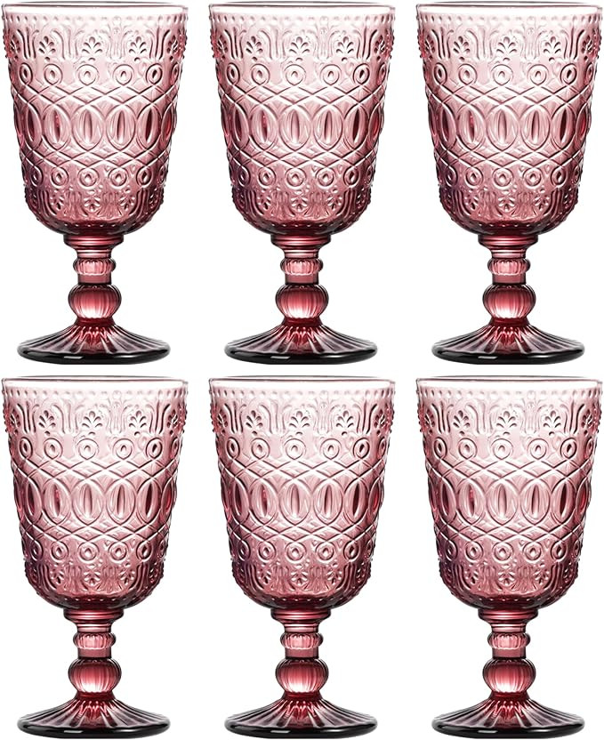 6 Pack Vintage Embossed Glass Goblets – 10oz Colored Wine Glasses with Relief Pattern, Thick Gl... | Amazon (US)