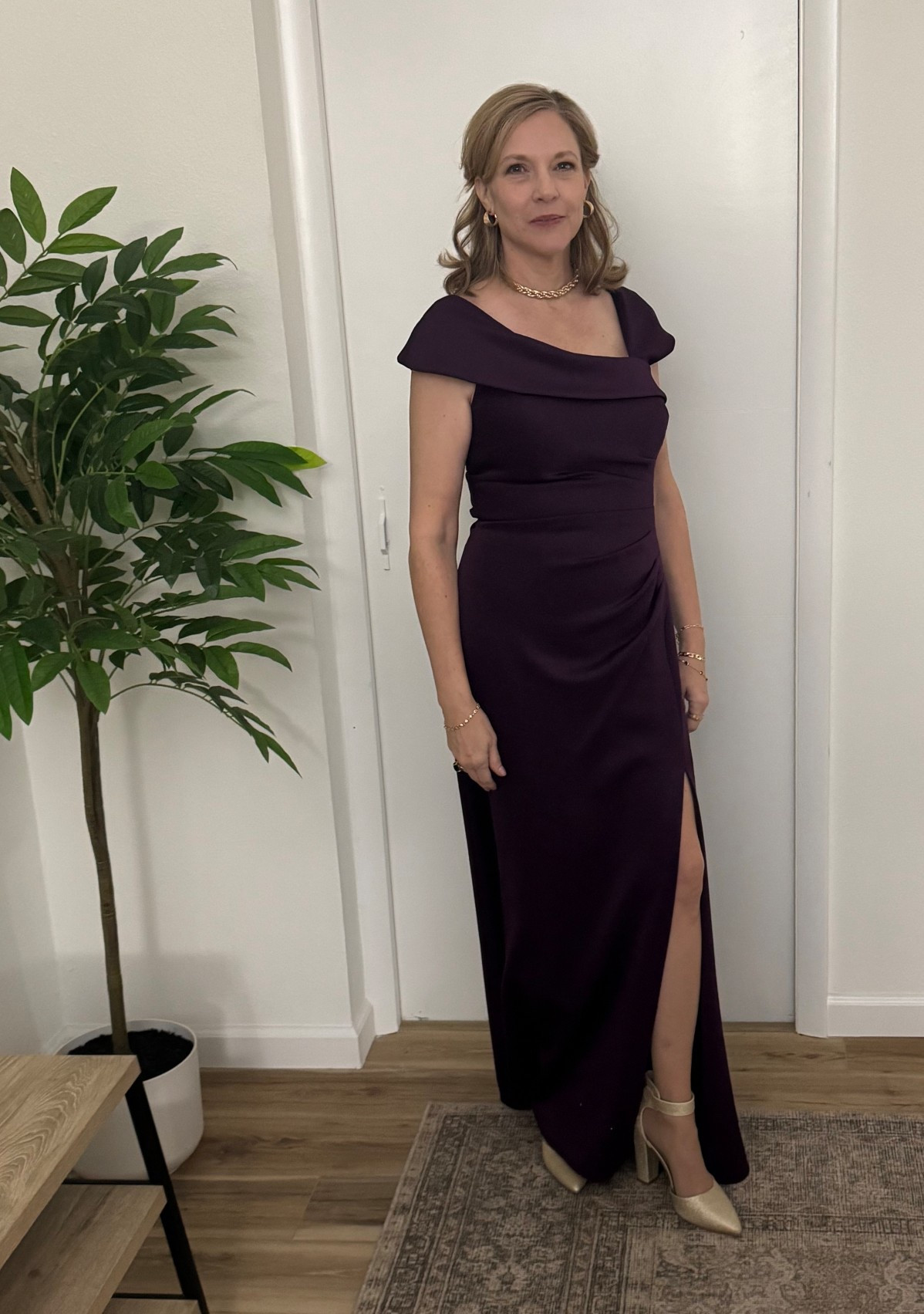 My Mother of the groom dress and shoes. This beautiful plum color would also be perfect for a Mardi Gras ball. The glitter shoes were a show stopped. 

#LTKWedding #LTKOver40 #LTKSeasonal