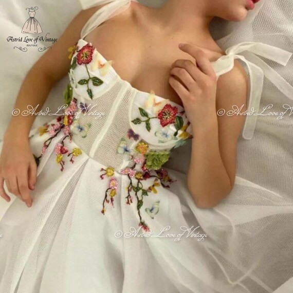 Dress Corset White Garden Flowers Embroidered Fairy | Etsy | Etsy (US)