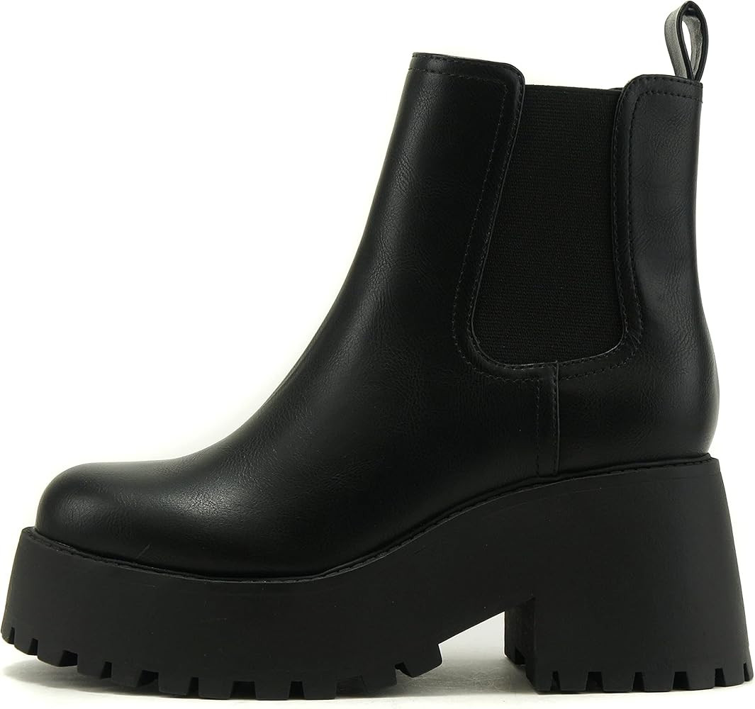 Soda INSTANT Women Chunky Lug Sole Mid Heel Chelsea Fashion Ankle Bootie w/Double Elastic Gore | Amazon (US)