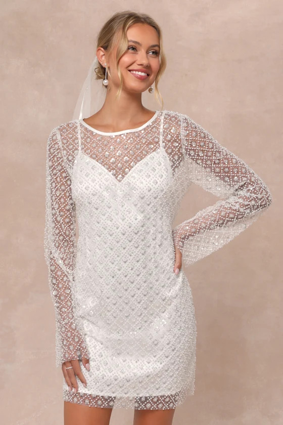 Glowing Charisma White Sequin Pearl Mesh Long Sleeve Mini Dress | Lulus