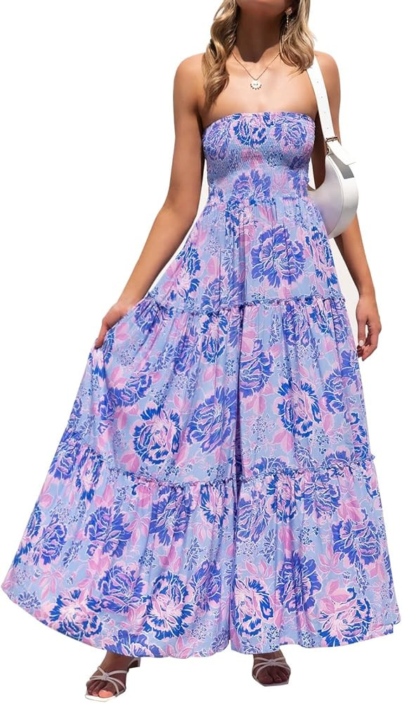 ZESICA Women's Summer Bohemian Floral Printed Strapless Beach Party Long Maxi Dress,Green,Small a... | Amazon (US)