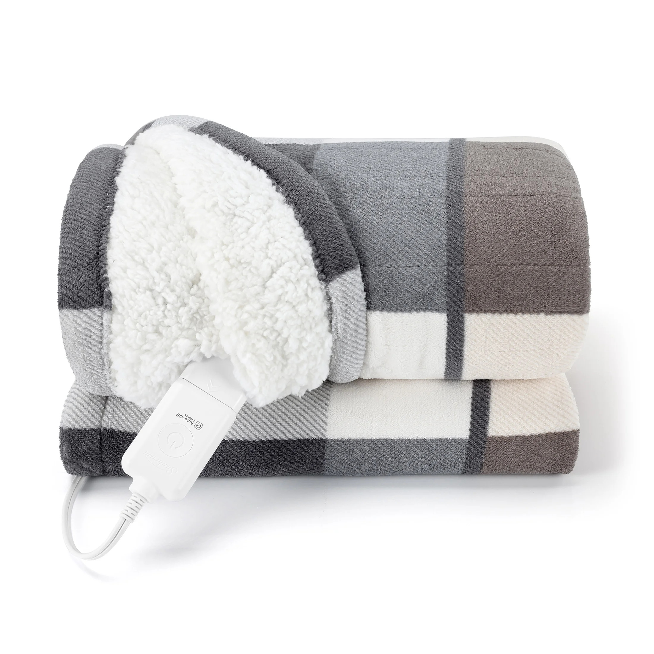 Sunbeam Throw Neutral Plaid Microplush Sherpa/Faux Shearling, 4 Heat Settings, 4-Hour Auto Shut-O... | Walmart (US)