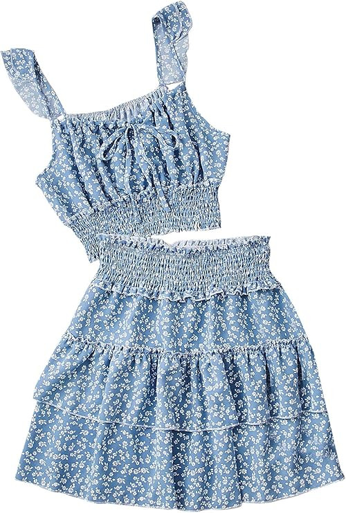 SheIn Women's 2 Piece Ditsy Floral Shirred Hem Crop Top with Layered Skirt Sets | Amazon (US)