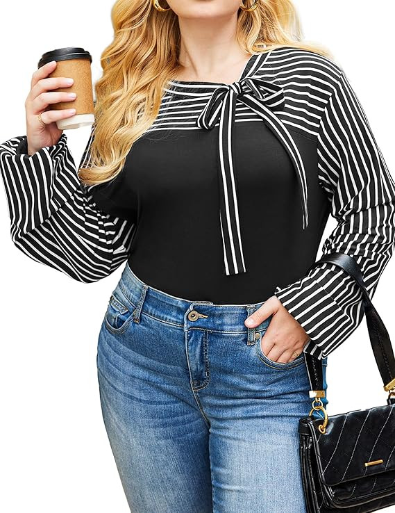 Plus Size Blouses for Women Tie-Bow Neck Striped Blouse Long Sleeve Shirt Splicing Office Work Sh... | Amazon (US)
