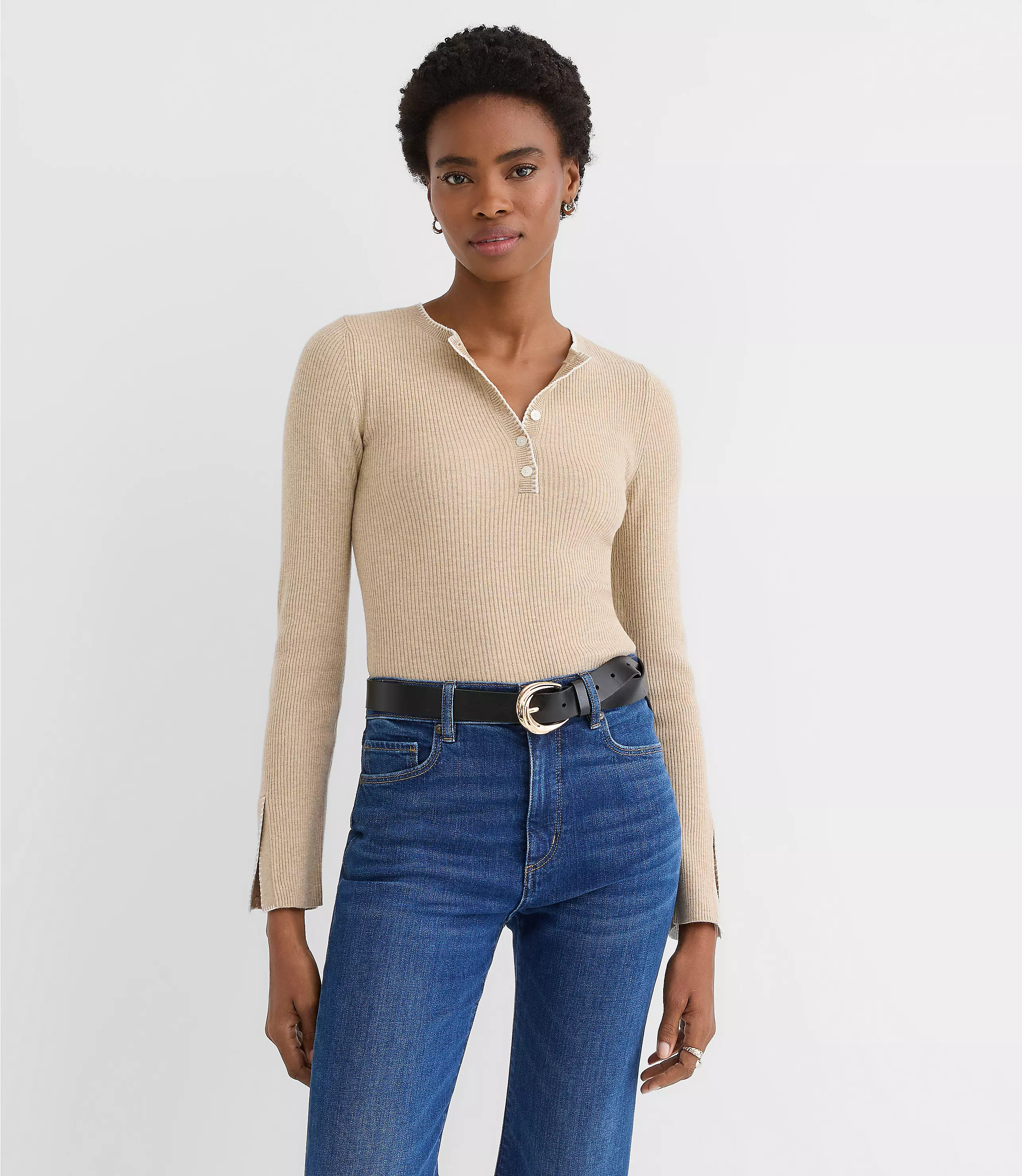 Heathered Split Cuff Henley Sweater | LOFT