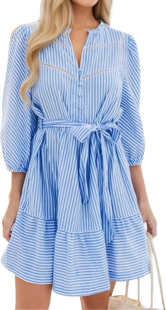 Angashion Women Striped Shirt Dress: Casual V Neck Button Down 3/4 Sleeve Belted Midi Dress Ruffl... | Amazon (US)