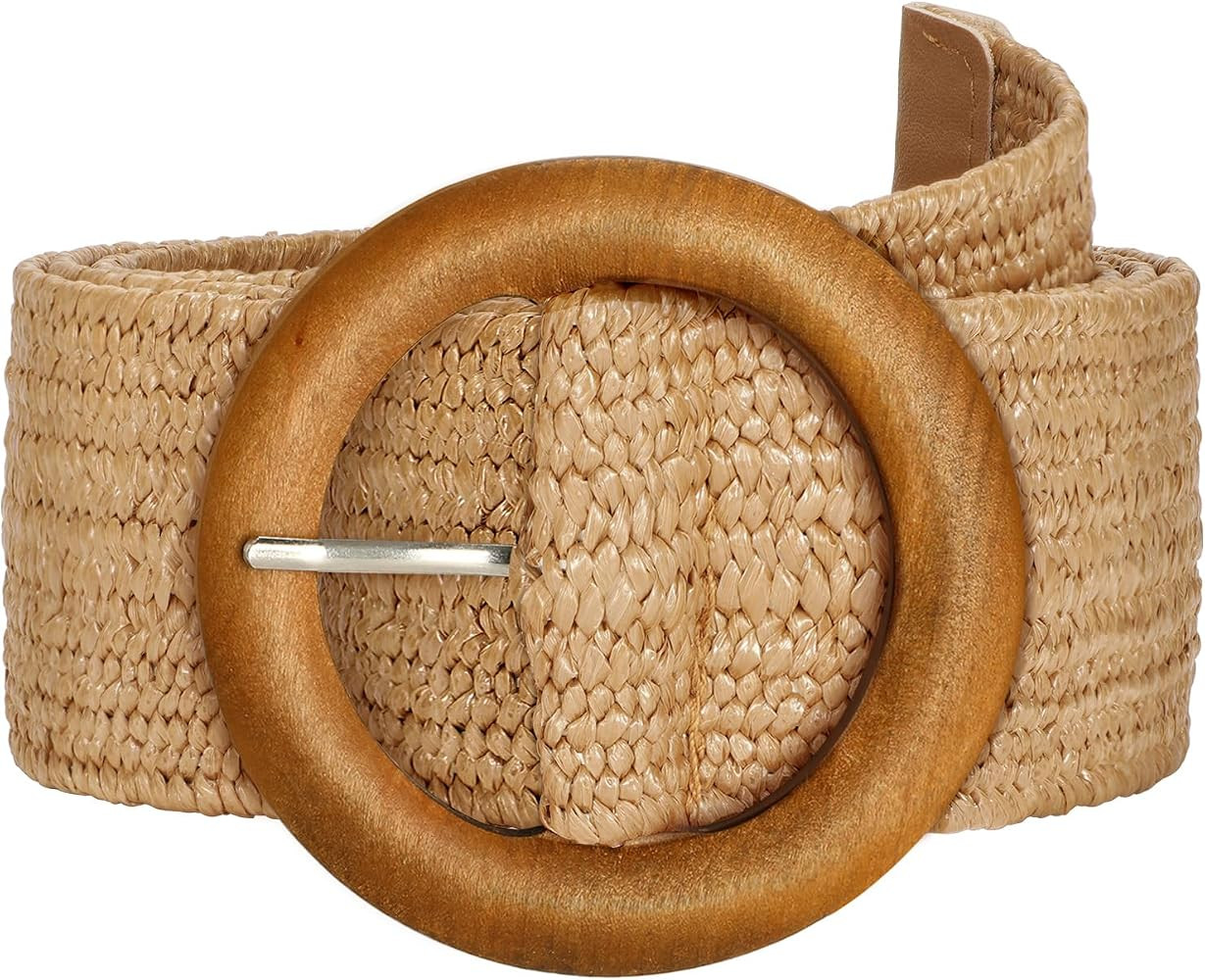 SUOSDEY Straw Woven stretchy Waist Belt for Women Dresses,Wide Boho Braided Elastic Belt with Rou... | Amazon (US)