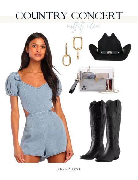Festival outfit, country concert look, denim romper, black cowboy boots, cowgirl hat, stadium friendly bag, spring outfit, black cowboy hat

#LTKstyletip #LTKfindsunder100 #LTKFestival