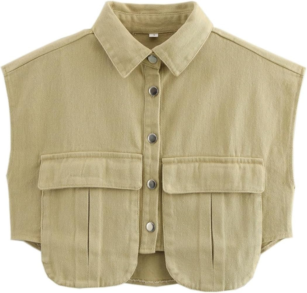 Perbai Womens Cropped Button Down Shirt Summer Collared Sleeveless Loose Denim Top with Pockets | Amazon (US)