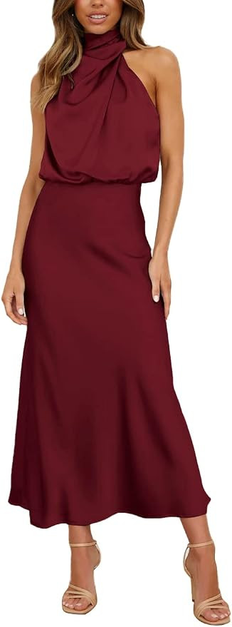 Hatant Satin Maxi Dress for Women Silk Wedding Guest Dress Maxi Dress Sleeveless Elegant Halter N... | Amazon (US)
