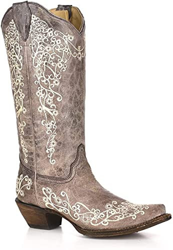 Corral Boots Women's A1094 Embroidery Pull-On Snip Toe Leather Western Cowgirl Boots, Brown/Crater Bone, 9.5 Wide | Amazon (US)
