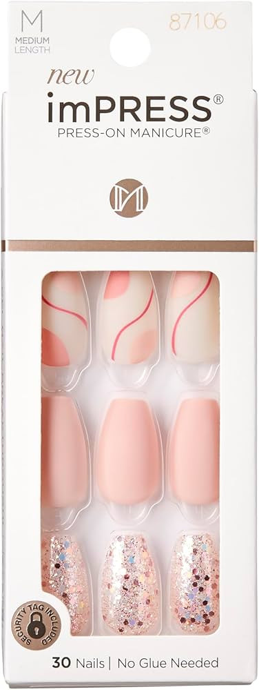 KISS imPRESS No Glue Mani 30 Pcs Premium Press On Nails, Matte Pink, Glitter, Medium Size, Coffin... | Amazon (US)