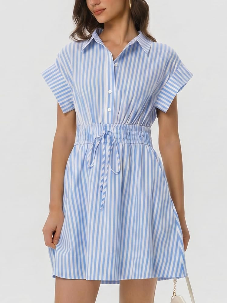 EZAPINE Women Summer Striped Dresses Short Sleeve Mini Shirt Dress Casual A-line Sundress with Dr... | Amazon (US)