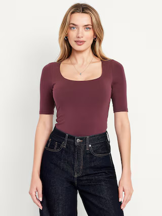 Fitted Double-Layer Elbow-Sleeve Scoop-Neck Top | Old Navy (US)