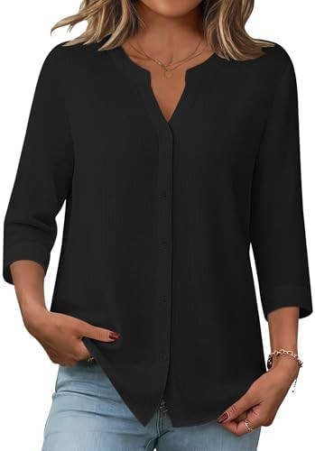 Zeagoo Button Down Shirts for Women 3/4 Sleeve Linen Cotton V Neck Tops Dressy Casual Loose Work ... | Amazon (US)