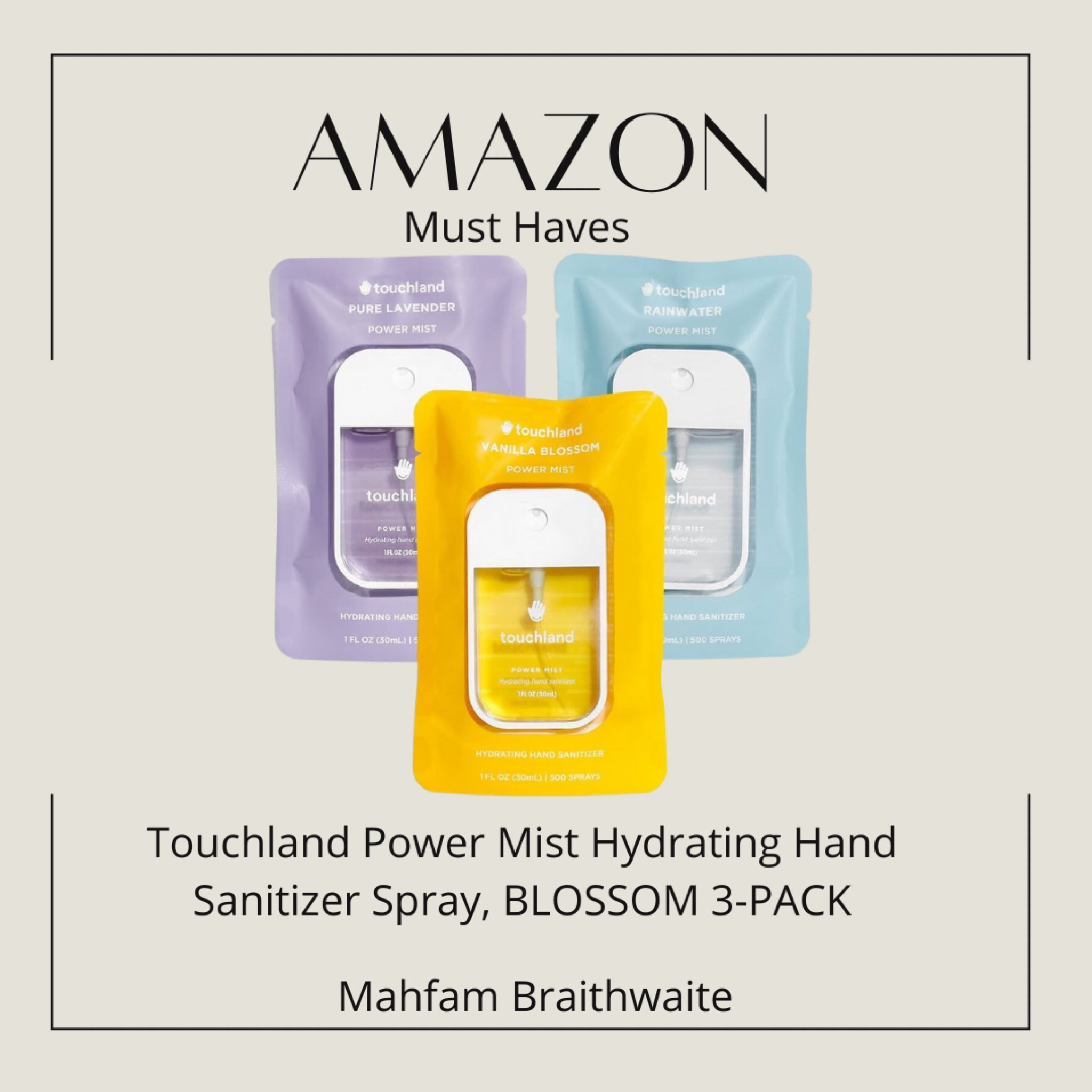 Touchland Power Mist Hydrating Hand Sanitizer Spray, BLOSSOM 3-PACK (Lavender, Vanilla, Rainwater), 500-Sprays each, 1FL OZ (Set of 3)

#LTKxPrime #LTKstyletip #LTKtravel