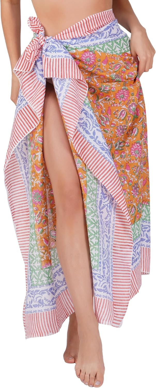 100% Cotton Hand Block Sarong Beach Pareo -Your Perfect Summer Cover up Swimwear Companion Wrap Skirt in Summer | Amazon (US)