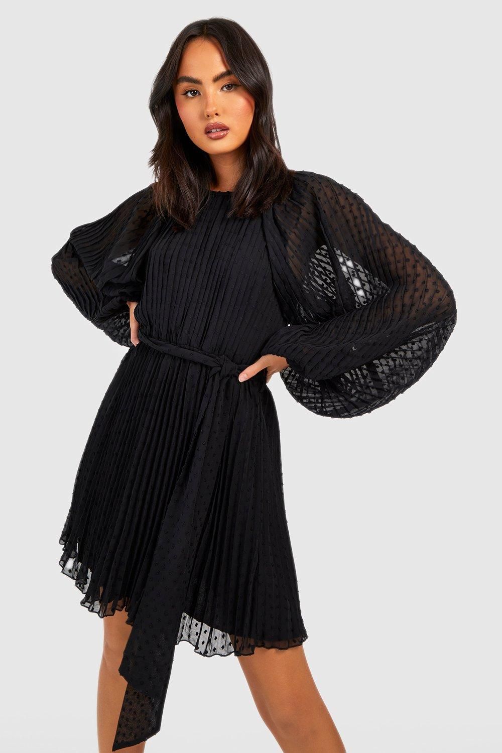 Womens Pleated Long Sleeve Mini Dress - Black - 12 | Boohoo.com (US & CA)