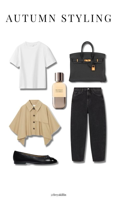 Autumn styling - cos dark grey tapered jeans, white t-shirt, cropped trench coat, black ballet flats & Bruno cucinelli perfume  

#LTKSeasonal #LTKstyletip #LTKeurope